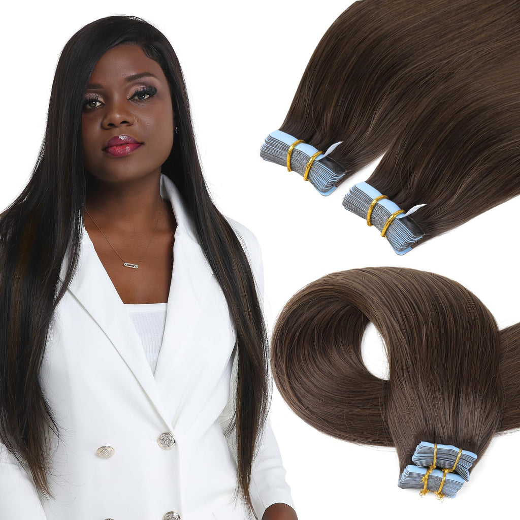 PROTEA Tape in Hair Extensions Straight Human Hair for Women PU Remy Human Hair Extensions Darkest Brown 16inch 100g