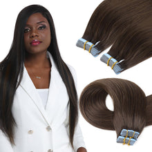 Load image into Gallery viewer, PROTEA Tape in Hair Extensions Straight Human Hair for Women PU Remy Human Hair Extensions Darkest Brown 16inch 100g