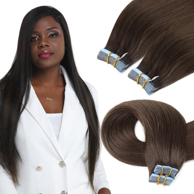 PROTEA Tape in Hair Extensions Straight Human Hair for Women PU Remy Human Hair Extensions Darkest Brown 16inch 100g
