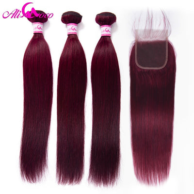 Brazilian Straight Burgundy Hair Bundles With Closure - H2O Beauty World