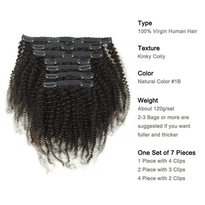 YVONNE 4B 4C Kinky Coily Clip In Human Hair Extensions - H2O Beauty World