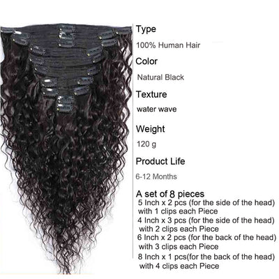 Water Wave 8Pcs/Set Clip In Human Hair Extensions - H2O Beauty World