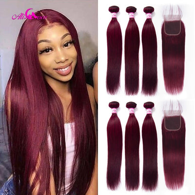 Brazilian Straight Burgundy Hair Bundles With Closure - H2O Beauty World