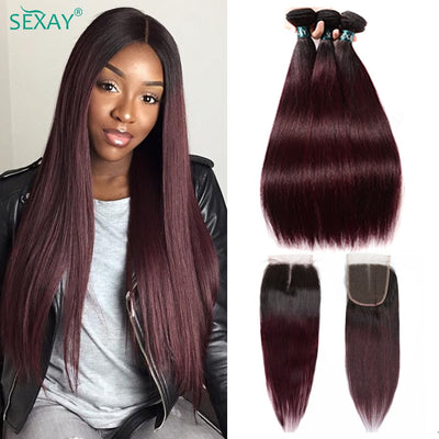 Ombre Human Hair 3 Bundles With Closure Pre-colored Dark 1B 99J - H2O Beauty World