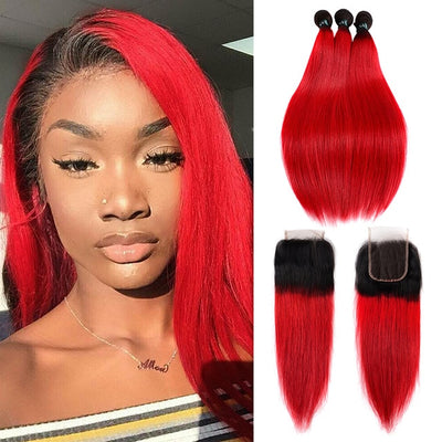 Ombre Human Hair 3 Bundles With Closure Pre-colored Dark 1B 99J - H2O Beauty World