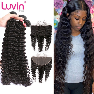 Luvin Deep Wave Brazilian Bundles Human Hair Extension With Frontal Closure - H2O Beauty World