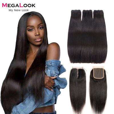 MegaLook Virgin Straight Hair Bundles With Closure - H2O Beauty World
