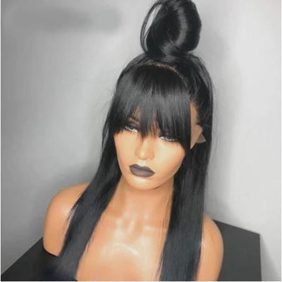 Natural Black With Bangs Lace Front Human Hair Wig - H2O Beauty World
