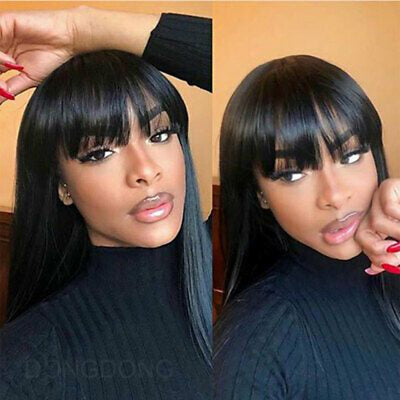 Natural Black With Bangs Lace Front Human Hair Wig - H2O Beauty World